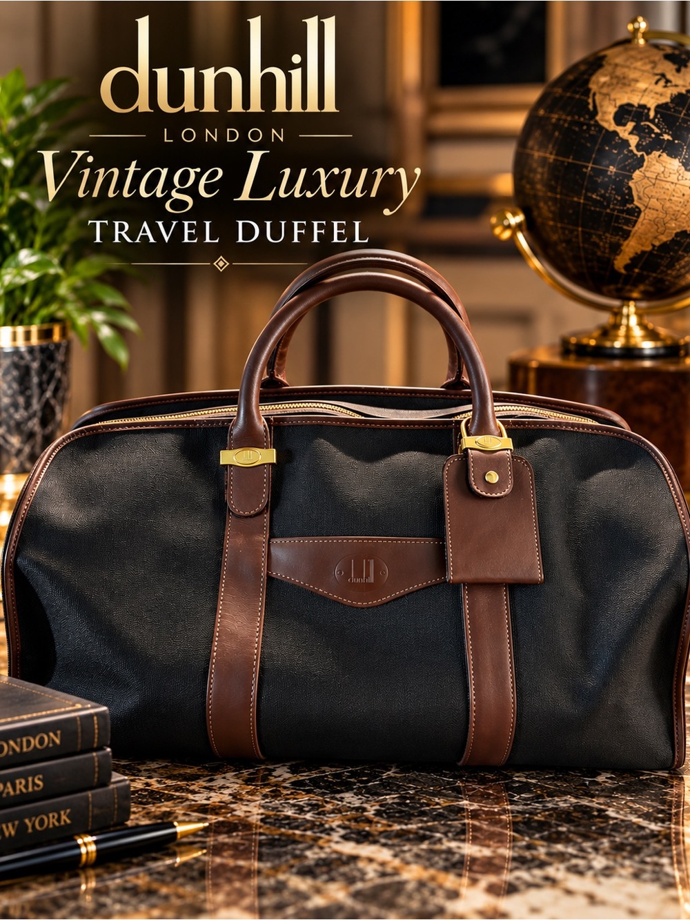Dunhill Luxury Weekender Duffel Bag Brown Leather Trim Plaid Int Vintage
